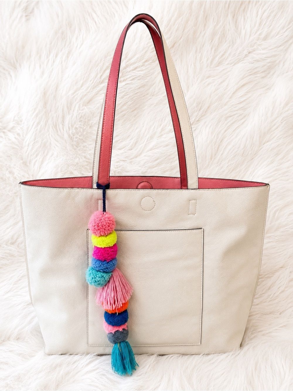 Urban Outfitters Cream Pink Tote Bag Multicolor Pom Pom Charm Boho NWOT